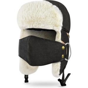Unisex Cold Weather Snow Gear Hat Warm Fur Hat with Face Cover and Ear Flaps